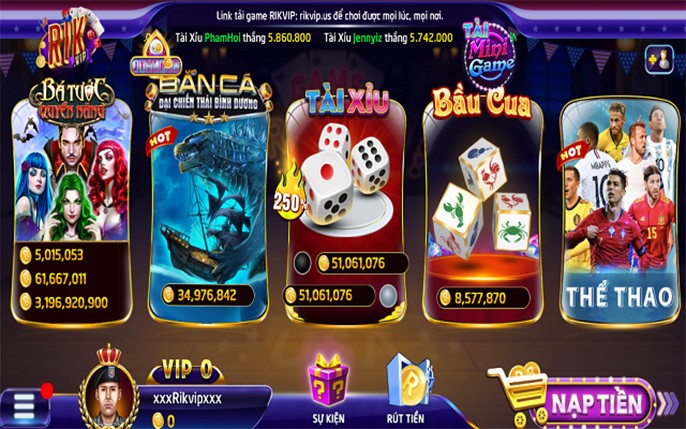 Các trò chơi có tại cổng game Rikvip